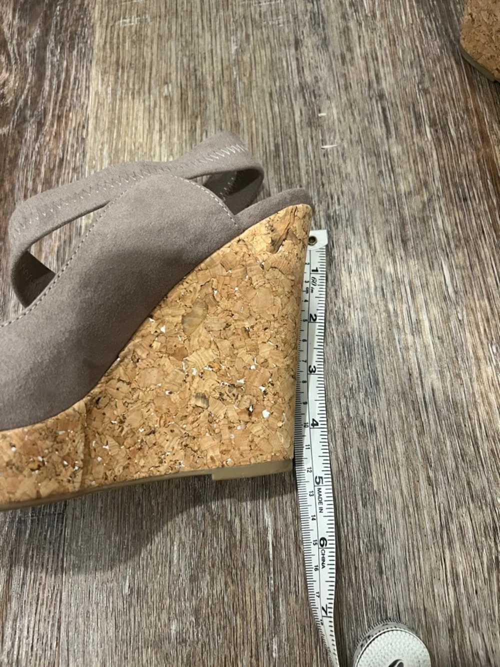 Audrey Brooke Taupe Suede Cork Wedge Slingback Sandals